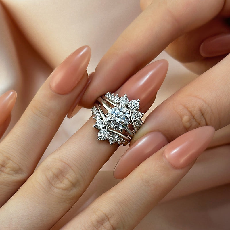 Ahabobo Unique Crown Design Round Cut Insert Wedding Ring Set