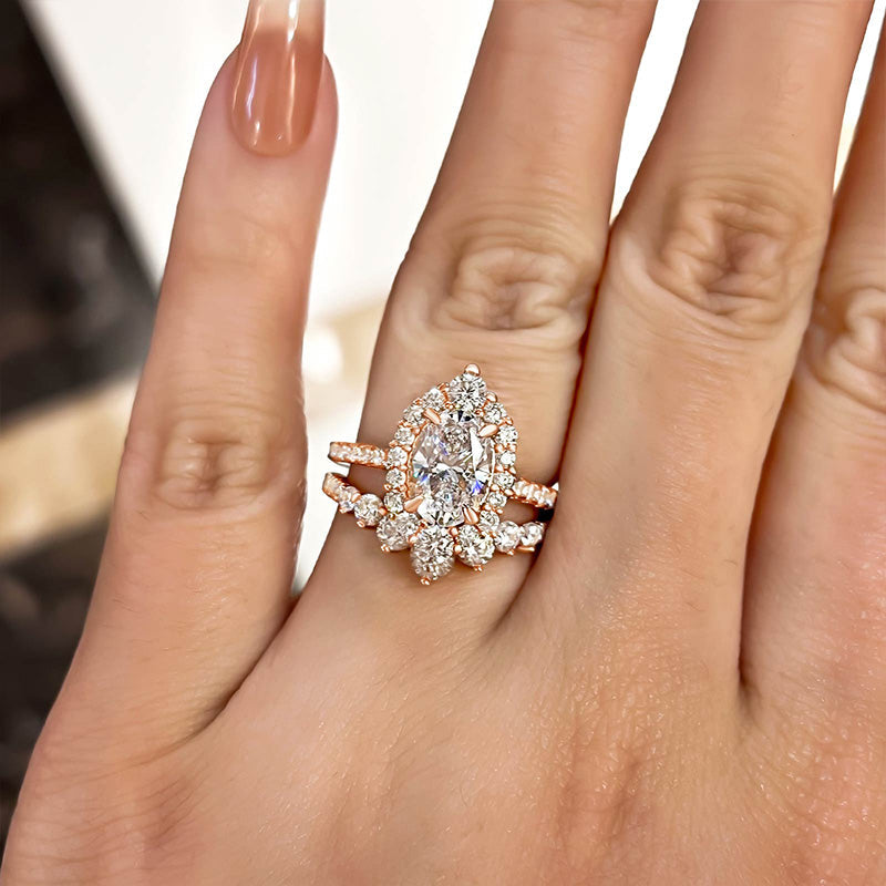Rose Gold Unique Design Halo Oval Cut Wedding Set In Sterling Silver