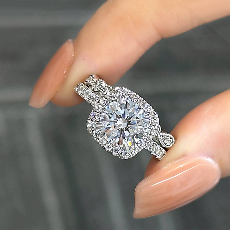 Ahabobo Honorable Halo Round Cut Simulated Diamond Wedding Set In Sterling Silver