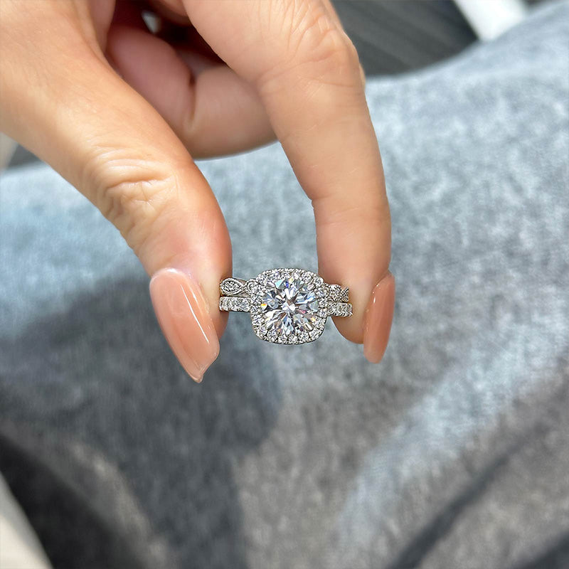 Ahabobo Honorable Halo Round Cut Simulated Diamond Wedding Set In Sterling Silver
