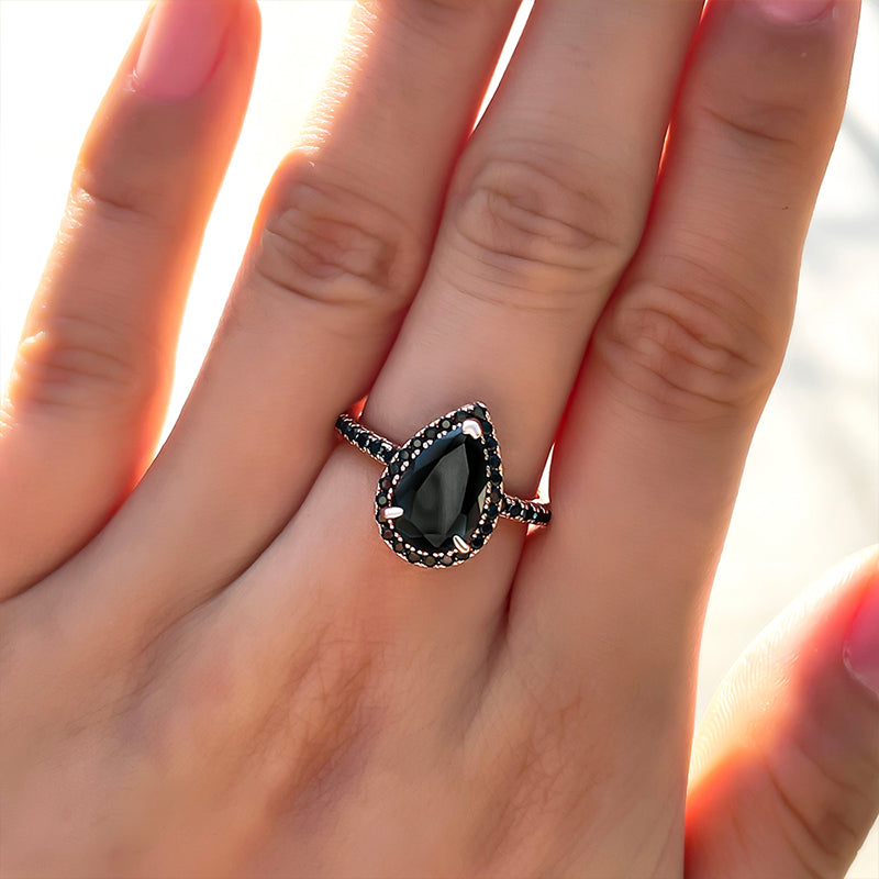 Halo Pear Cut Black Diamond Engagement Ring In Sterling Silver