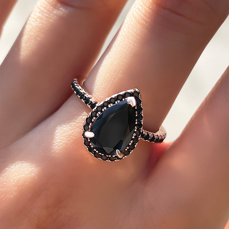 Halo Pear Cut Black Diamond Engagement Ring In Sterling Silver