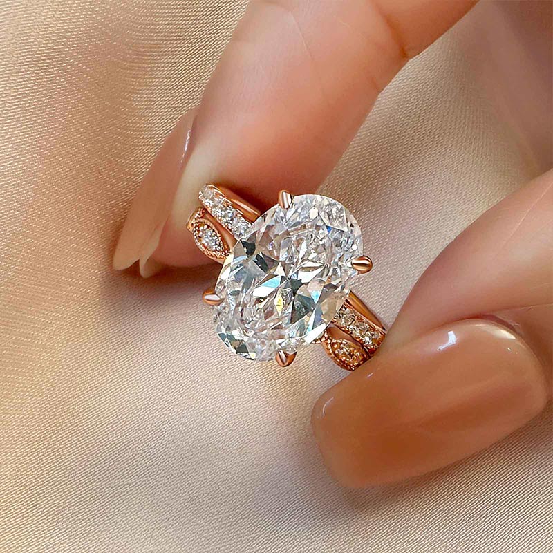Ahabobo Unique Rose Gold Oval Cut Wedding Ring Set