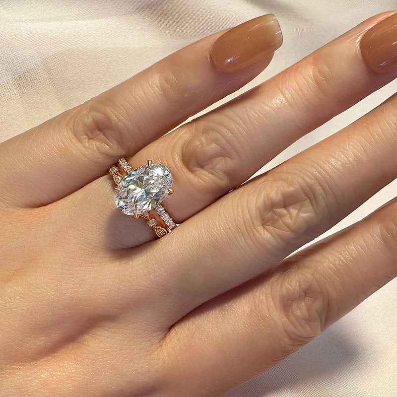 Ahabobo Unique Rose Gold Oval Cut Wedding Ring Set
