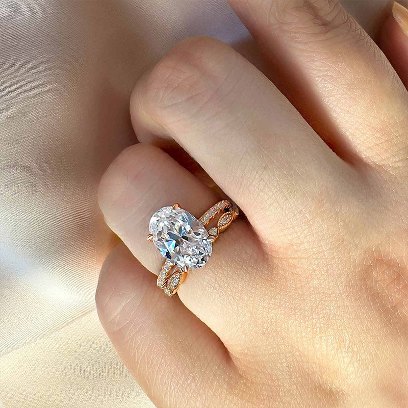 Ahabobo Unique Rose Gold Oval Cut Wedding Ring Set