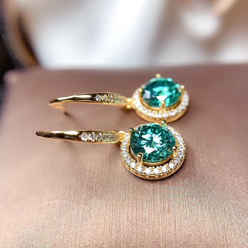 1.0Ct Stunning Yellow Gold Halo Round Cut Paraiba Tourmaline Drop Earrings In Sterling Silver