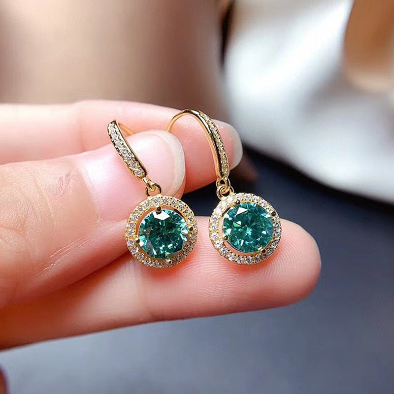 1.0Ct Stunning Yellow Gold Halo Round Cut Paraiba Tourmaline Drop Earrings In Sterling Silver