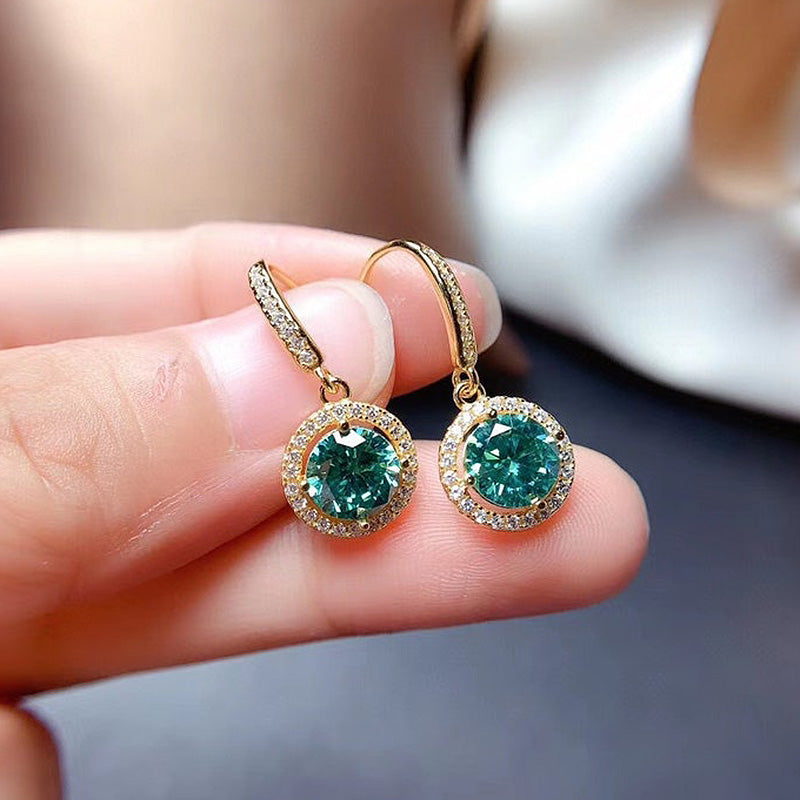 1.0Ct Stunning Yellow Gold Halo Round Cut Paraiba Tourmaline Drop Earrings In Sterling Silver