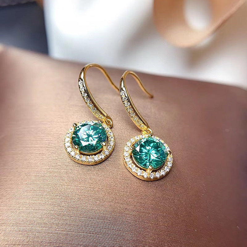 1.0Ct Stunning Yellow Gold Halo Round Cut Paraiba Tourmaline Drop Earrings In Sterling Silver