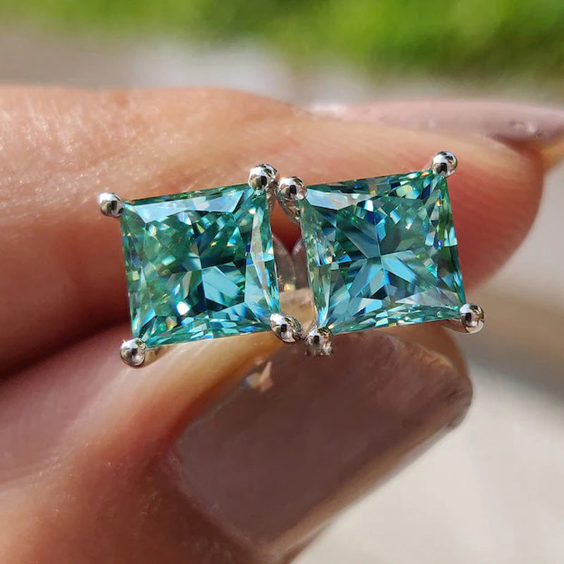 2.0Ct Stunning Square Princess Cut Paraiba Tourmaline Stud Earrings In Sterling Silver