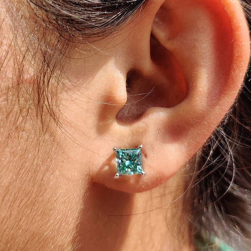 2.0Ct Stunning Square Princess Cut Paraiba Tourmaline Stud Earrings In Sterling Silver