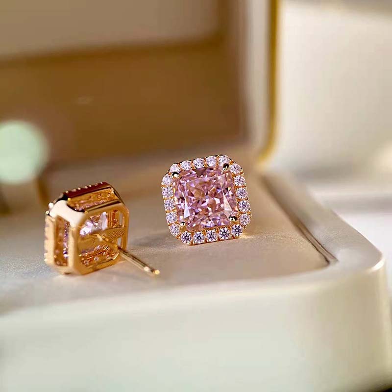 3.0Ct Elegant Rose Gold Halo Radiant Cut Pink Sapphire Stud Earrings In Sterling Silver