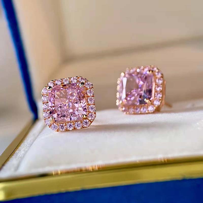 3.0Ct Elegant Rose Gold Halo Radiant Cut Pink Sapphire Stud Earrings In Sterling Silver