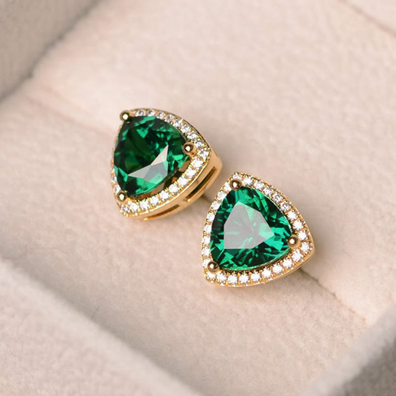 2.0Ct Elegant Yellow Gold Trillion Cut Emerald Green Earrings In Sterling Silver