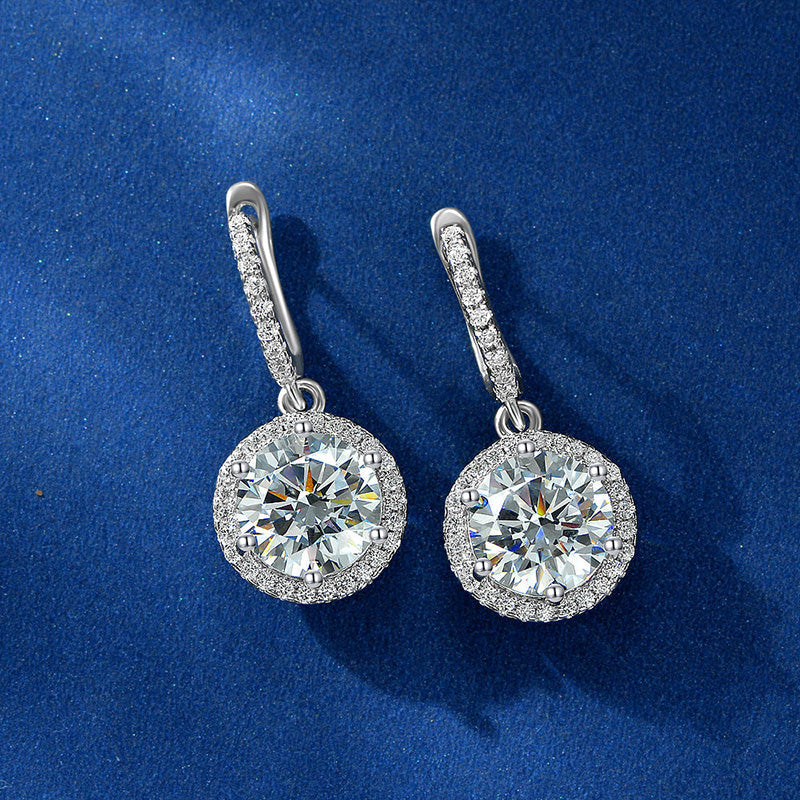 2.0Ct Classic Halo Round Cut Drop Earrings In Sterling Silver