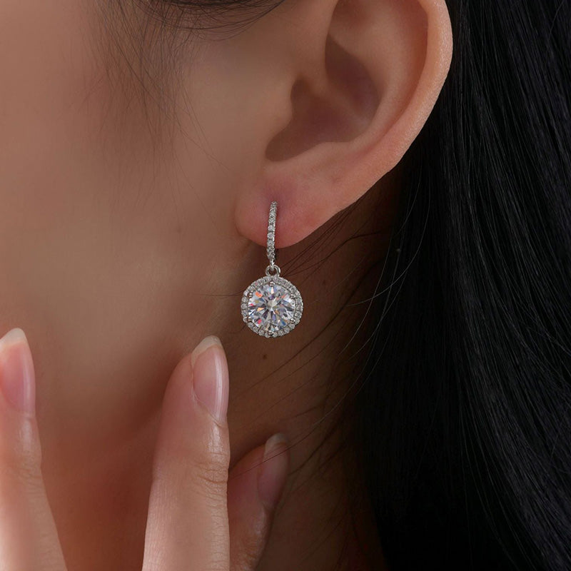 2.0Ct Classic Halo Round Cut Drop Earrings In Sterling Silver