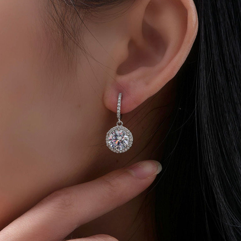 2.0Ct Classic Halo Round Cut Drop Earrings In Sterling Silver