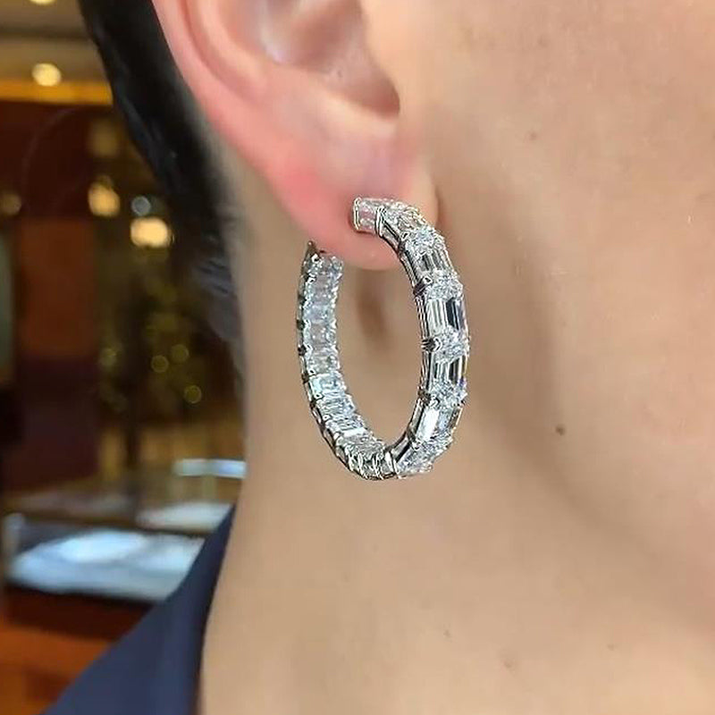 8.0Ct Sparkle Emerald Cut Women's Hoop Earrings In Sterling Silver