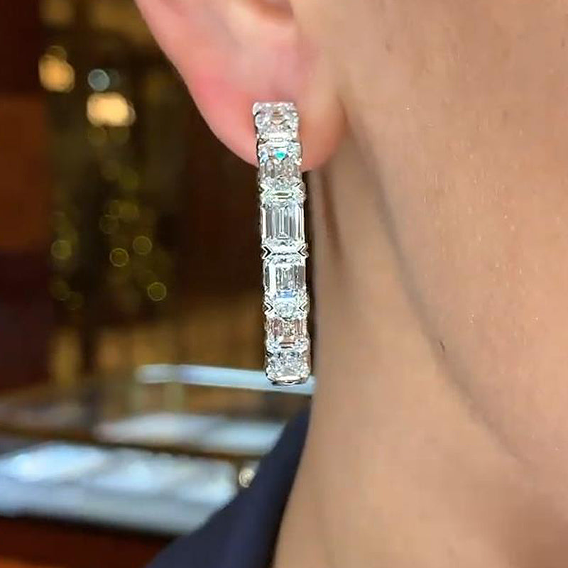 8.0Ct Sparkle Emerald Cut Women's Hoop Earrings In Sterling Silver