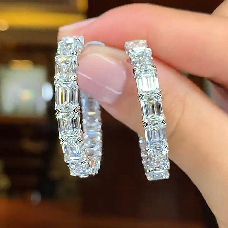 8.0Ct Sparkle Emerald Cut Women's Hoop Earrings In Sterling Silver