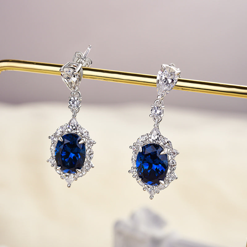 3.0Ct Luxurious Halo Oval Cut Blue Sapphire Women's Earrings In Sterling Silver
