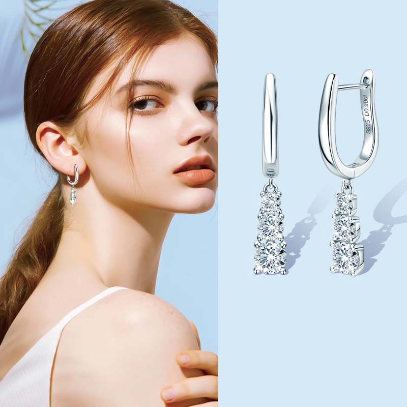 0.8Ct Moissanite Sparkle Three Stone Round Cut Tassel Stud Earrings