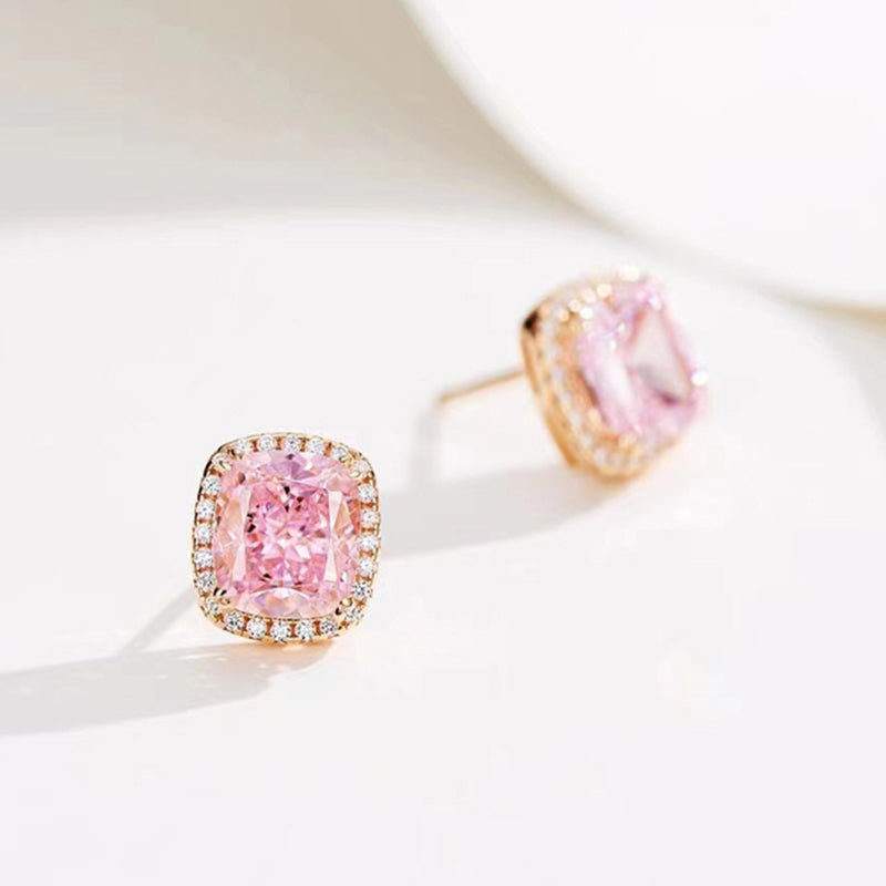 2.0Ct Elegant Rose Gold Halo Cushion Cut Pink Stone Stud Earrings