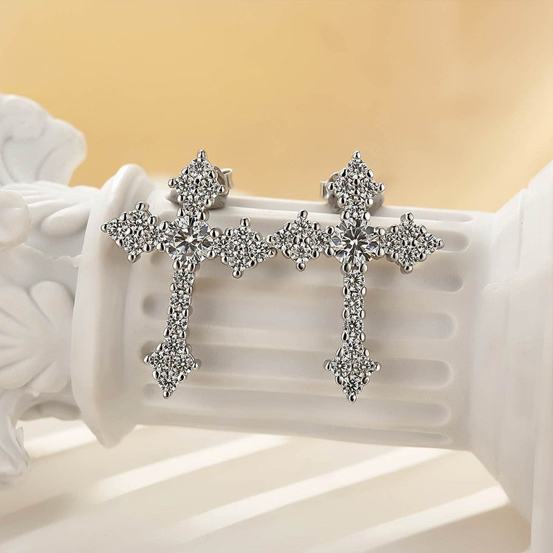 Simulated Diamond Cross Stud Earrings In Sterling Silver