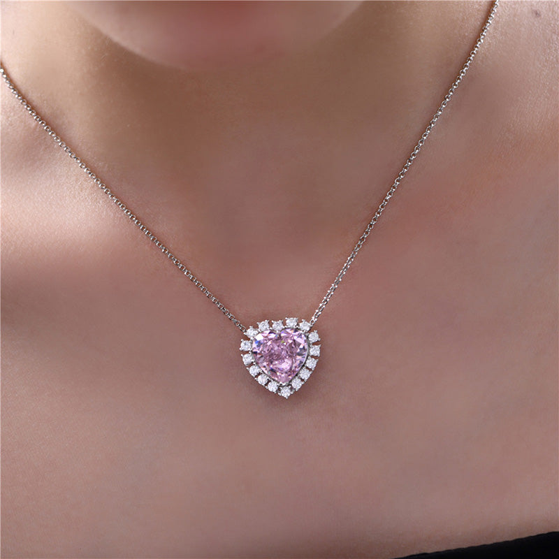 2.0Ct Halo Heart Cut Pink Sapphire Sterling Silver Necklace For Women