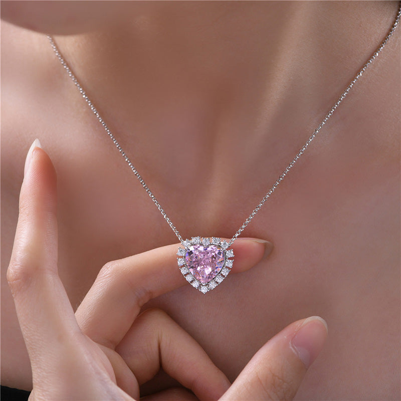 2.0Ct Halo Heart Cut Pink Sapphire Sterling Silver Necklace For Women