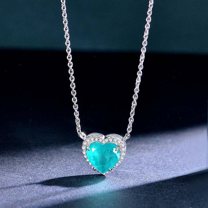 4.0Ct Halo Heart Cut Aquamarine Blue Necklace For Women In Sterling Silver