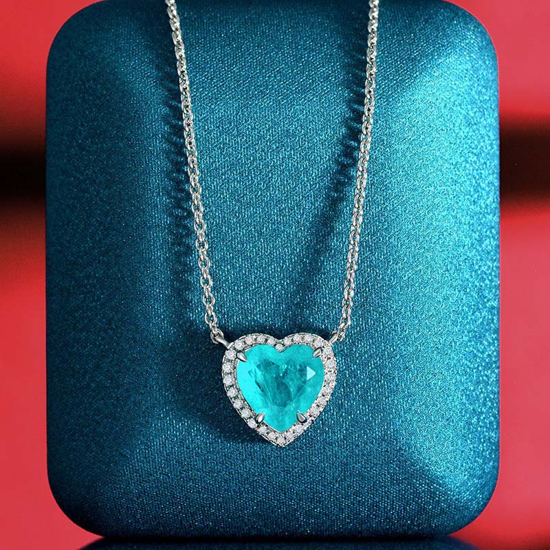 4.0Ct Halo Heart Cut Aquamarine Blue Necklace For Women In Sterling Silver