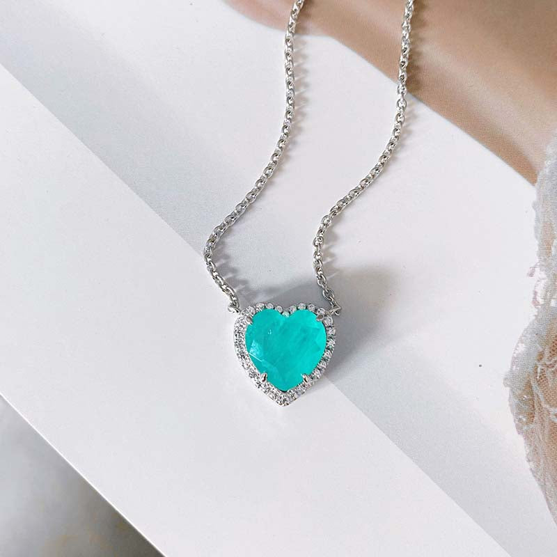 4.0Ct Halo Heart Cut Aquamarine Blue Necklace For Women In Sterling Silver