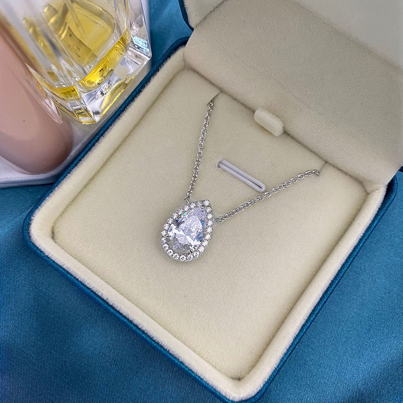 3.0Ct Elegant Halo Pear Cut Necklace For Women In Sterling Silver