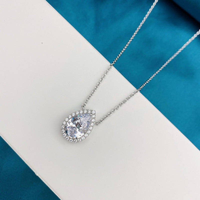 3.0Ct Elegant Halo Pear Cut Necklace For Women In Sterling Silver