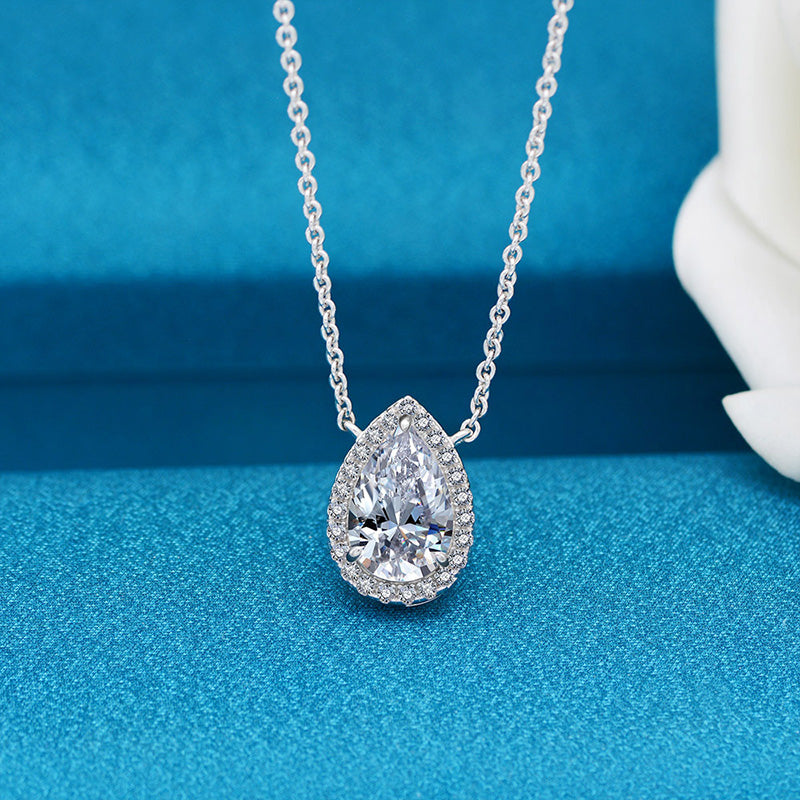 3.0Ct Elegant Halo Pear Cut Necklace For Women In Sterling Silver