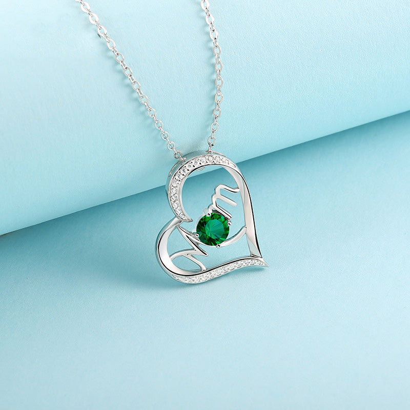 Ahabobo Mother's Day Gift Heart Shape Mom Green Stone Round Cut Necklace