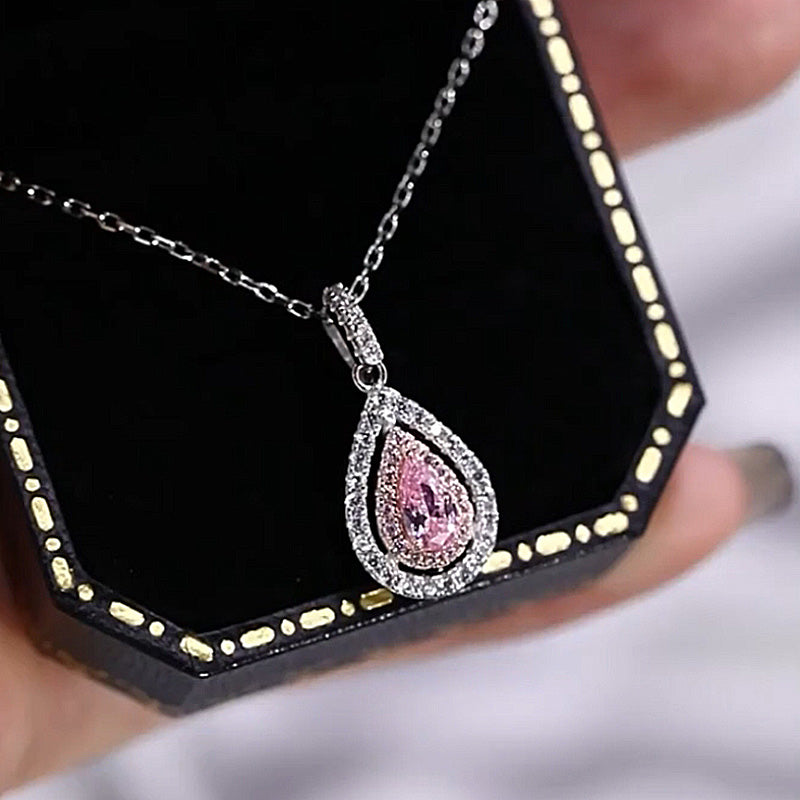 Ahabobo Pink Stone Double Halo Pear Cut Women's Necklace