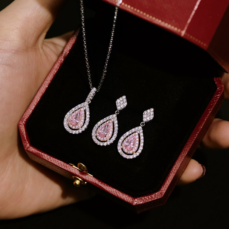 Ahabobo Pink Stone Double Halo Pear Cut 2PC Jewelry Set
