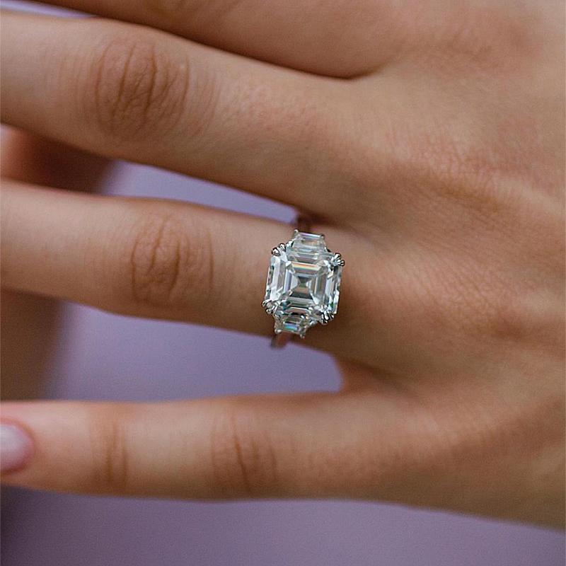 Exclusive Asscher Cut Three Stone Women's Engagement Ring In Sterling Silver