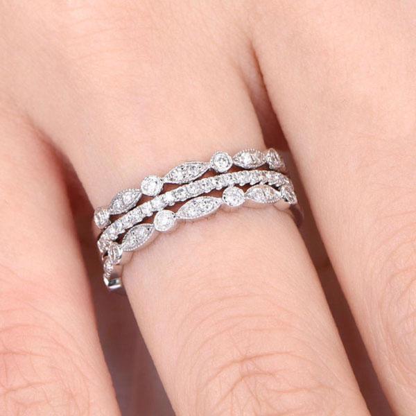 Art Deco Half Eternity 3PC Stacking Wedding Band Set In Sterling Silver