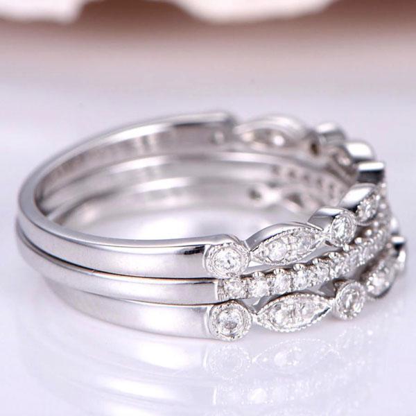 Art Deco Half Eternity 3PC Stacking Wedding Band Set In Sterling Silver
