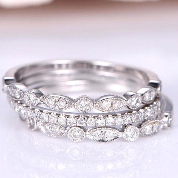 Art Deco Half Eternity 3PC Stacking Wedding Band Set In Sterling Silver