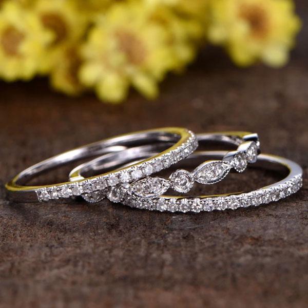 Eternity 3PC Stacking Wedding Band Set In White Gold Plated
