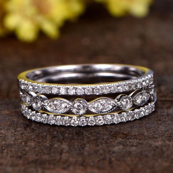 Eternity 3PC Stacking Wedding Band Set In White Gold Plated