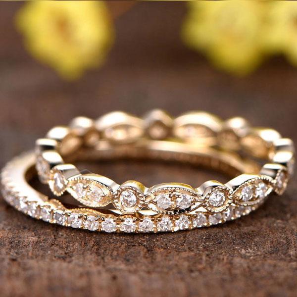 Yellow Gold Art Deco Full Eternity Stackable Wedding Band Set In Sterling Silver