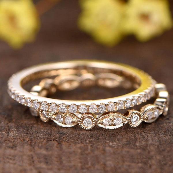 Yellow Gold Art Deco Full Eternity Stackable Wedding Band Set In Sterling Silver