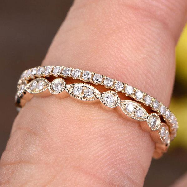 Yellow Gold Art Deco Full Eternity Stackable Wedding Band Set In Sterling Silver