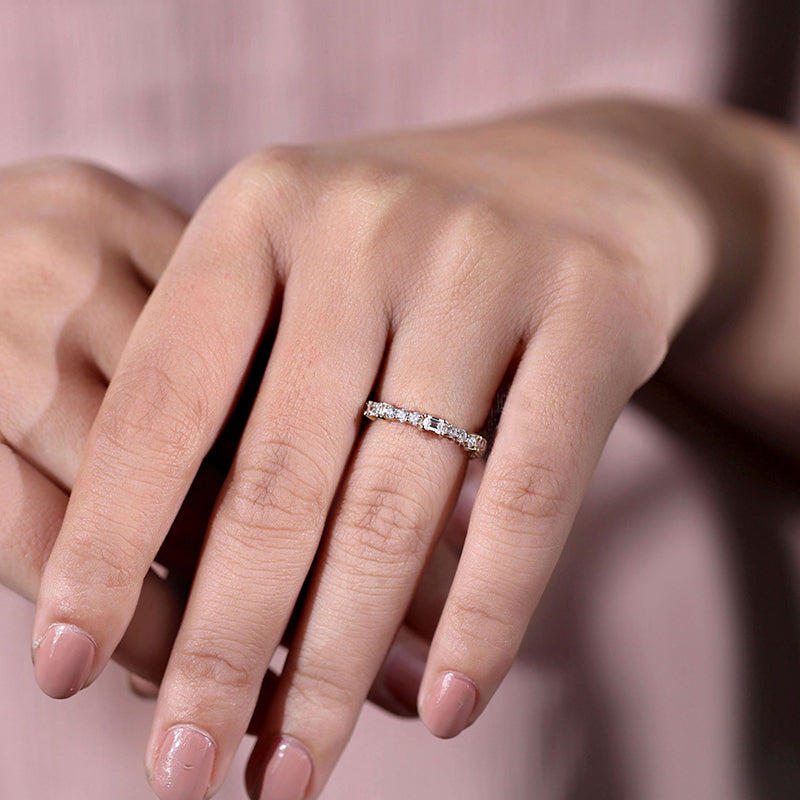 Unique Yellow Gold Emerald & Round Cut Diamond Wedding Band In Sterling Silver