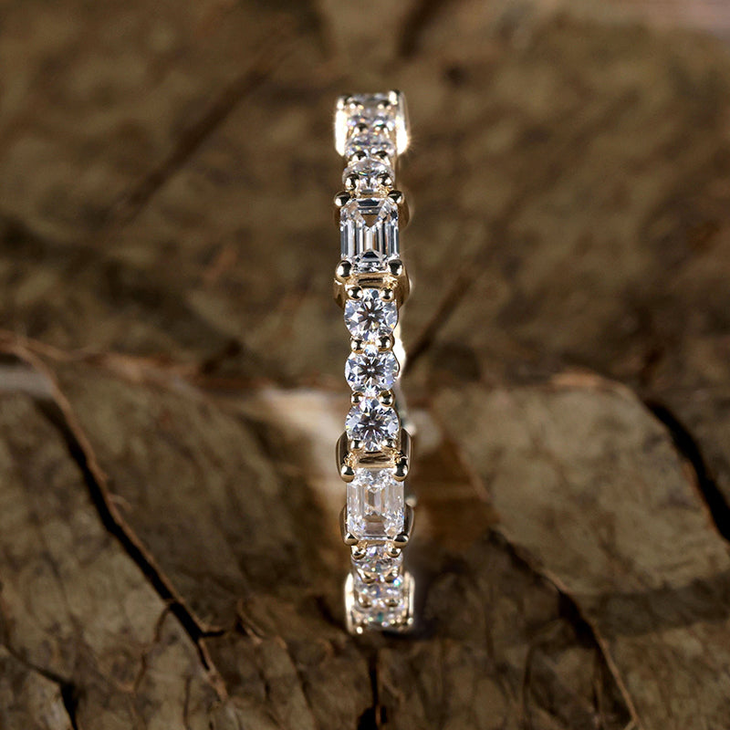 Unique Yellow Gold Emerald & Round Cut Diamond Wedding Band In Sterling Silver